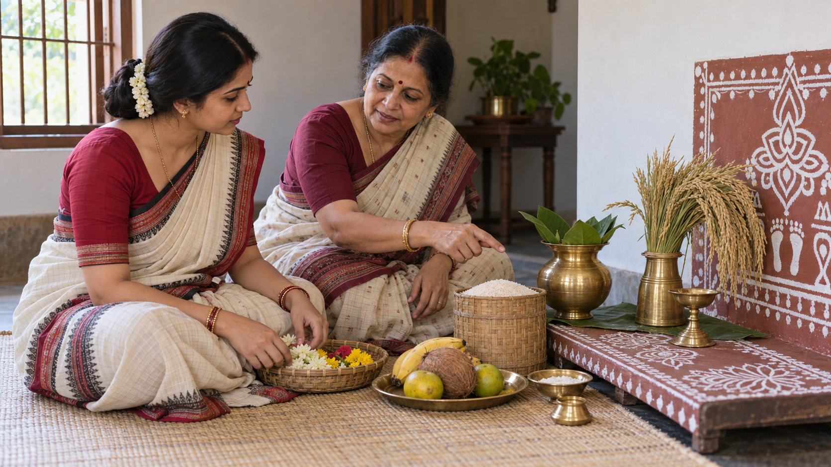 An older woman and a younger woman discuss the arrangement of brass vessels, rice, paddy, flowers and lamps for a household Manabasa Gurubar ritual.