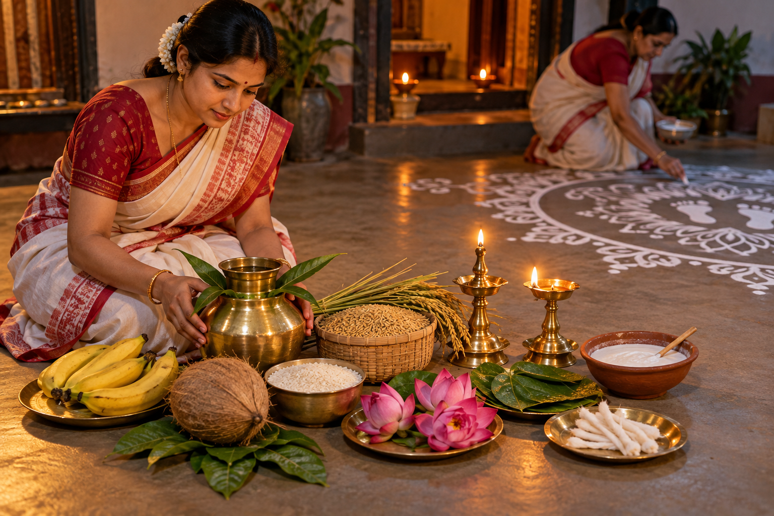 A household member organizes cleaned brass vessels, rice, paddy, fruit, leaves, flowers, lamp wicks and rice paste beside a fresh floor design on Wednesday evening.