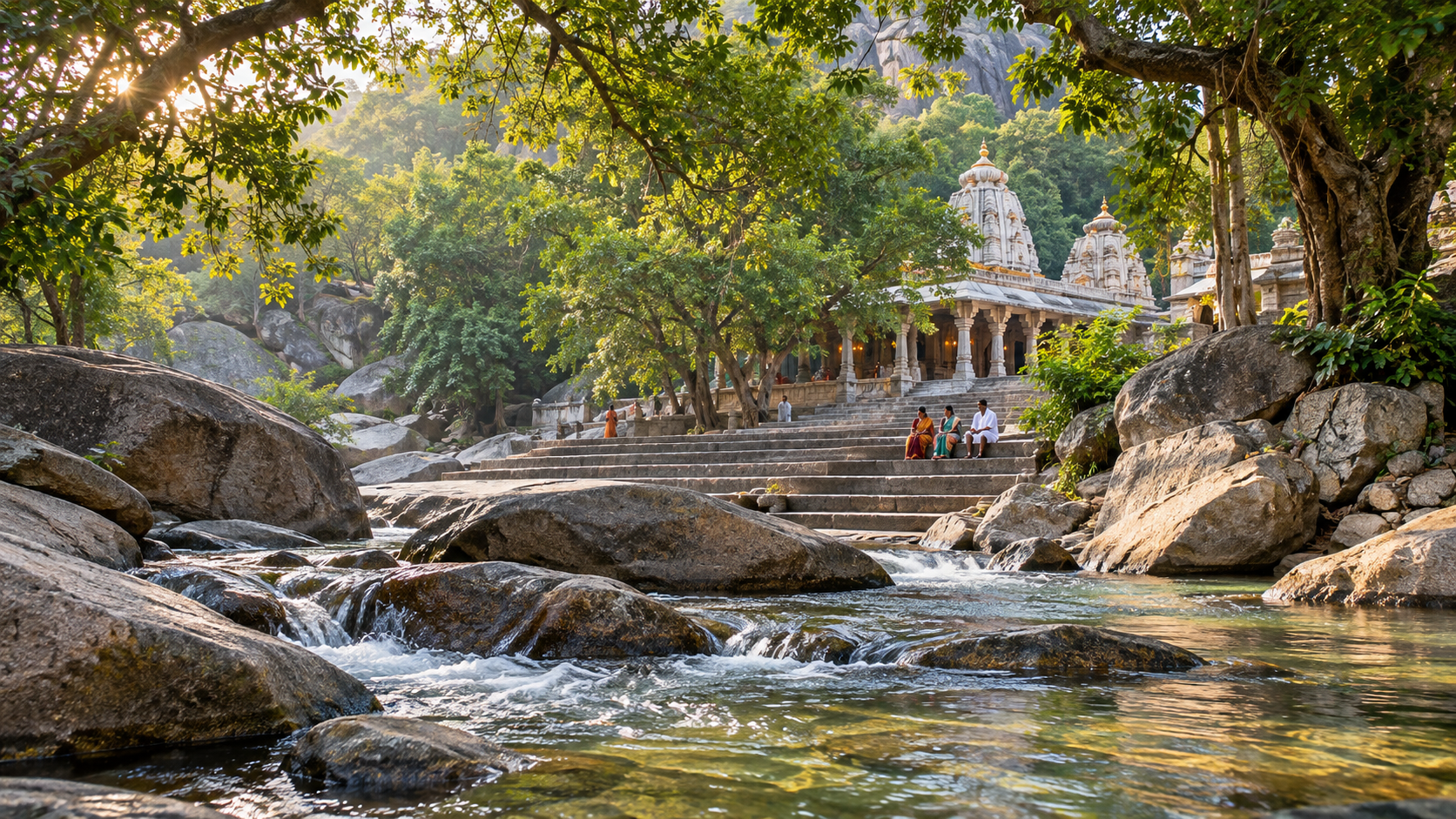 Pilgrims pause beside flowing water, granite boulders, and trees with the Edupayala temple in the background.