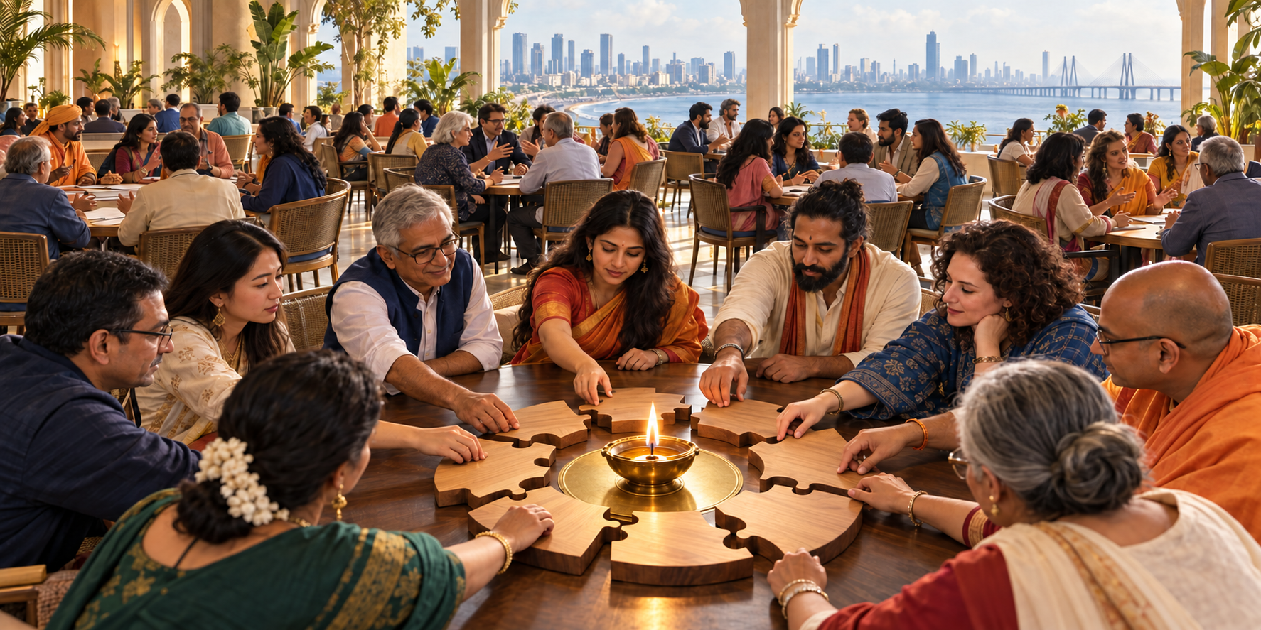 Diverse participants collaborate in circular groups around a central brass diya, with the Mumbai skyline in the distance.