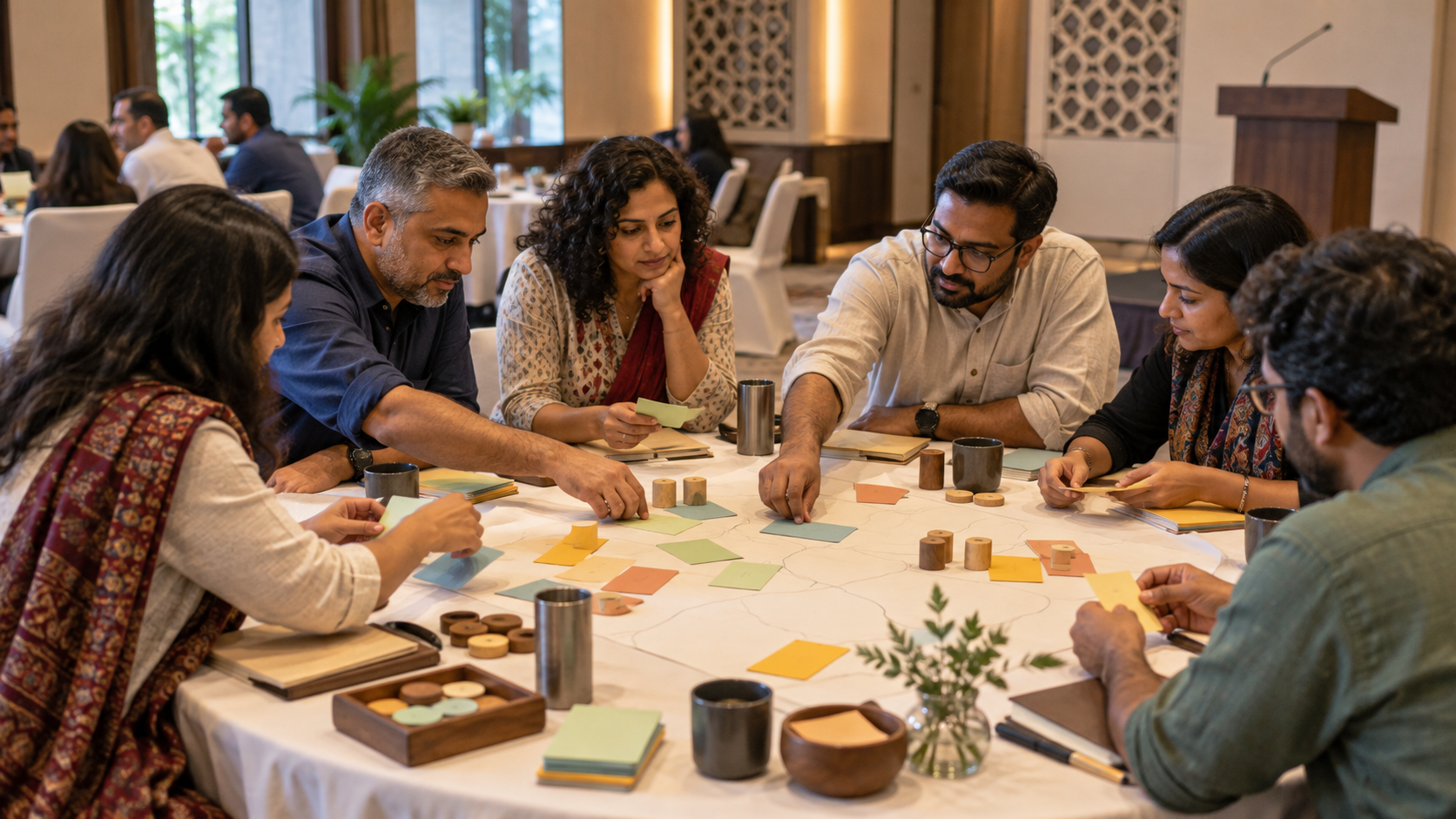 Participants work together at a roundtable with colored cards and wooden markers while an unused podium stands in the background.