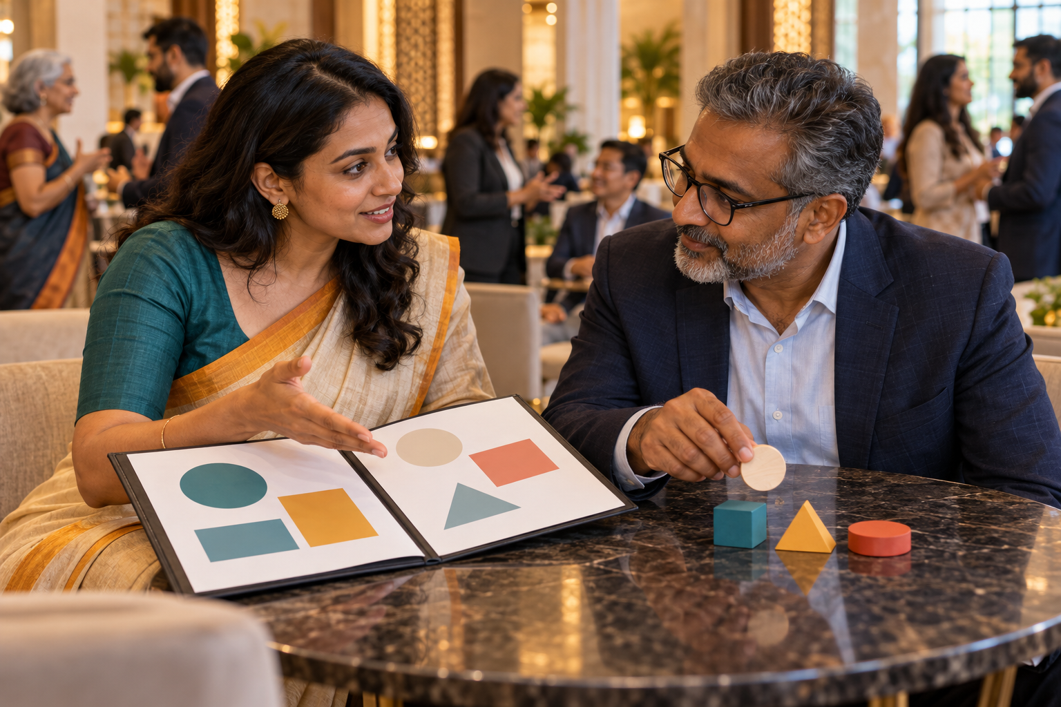 Two participants discuss a prepared folder and arrange simple markers representing resources and next steps.