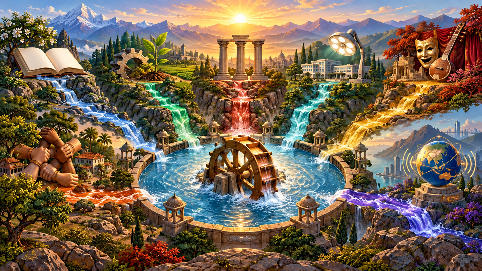 Seven distinct symbolic streams converge on a central waterwheel while retaining separate paths and visual identities.
