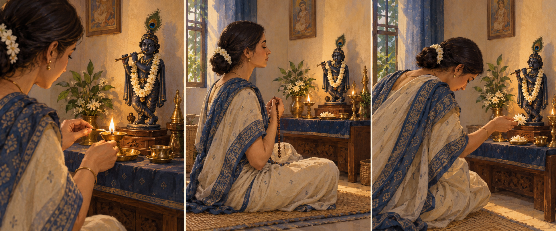 Three illustrated scenes show a devotee lighting an oil lamp, praying with beads, and offering a flower at the same home shrine.