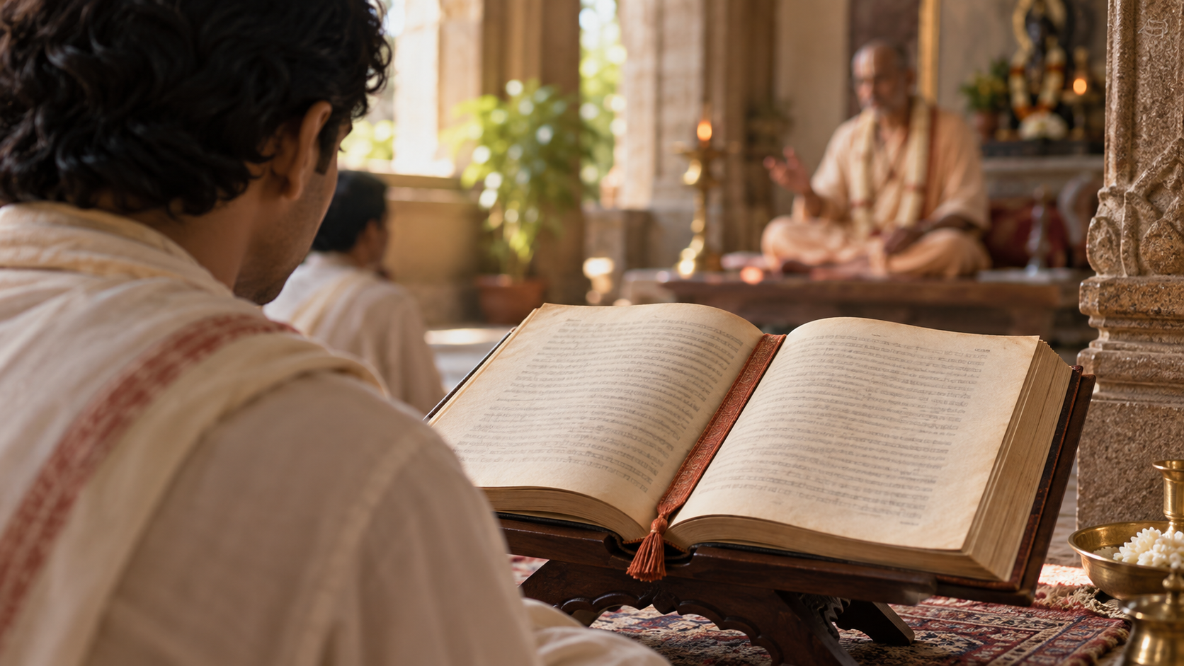 A listener focuses on an open sacred scripture while a teacher remains softly blurred in the background.
