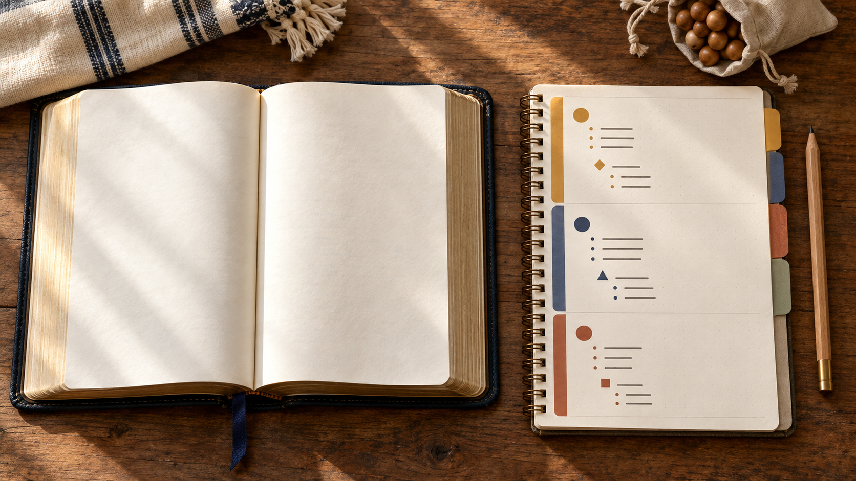 An open scripture, sectioned notebook, pencil, and devotional bead bag arranged on a sunlit study table.
