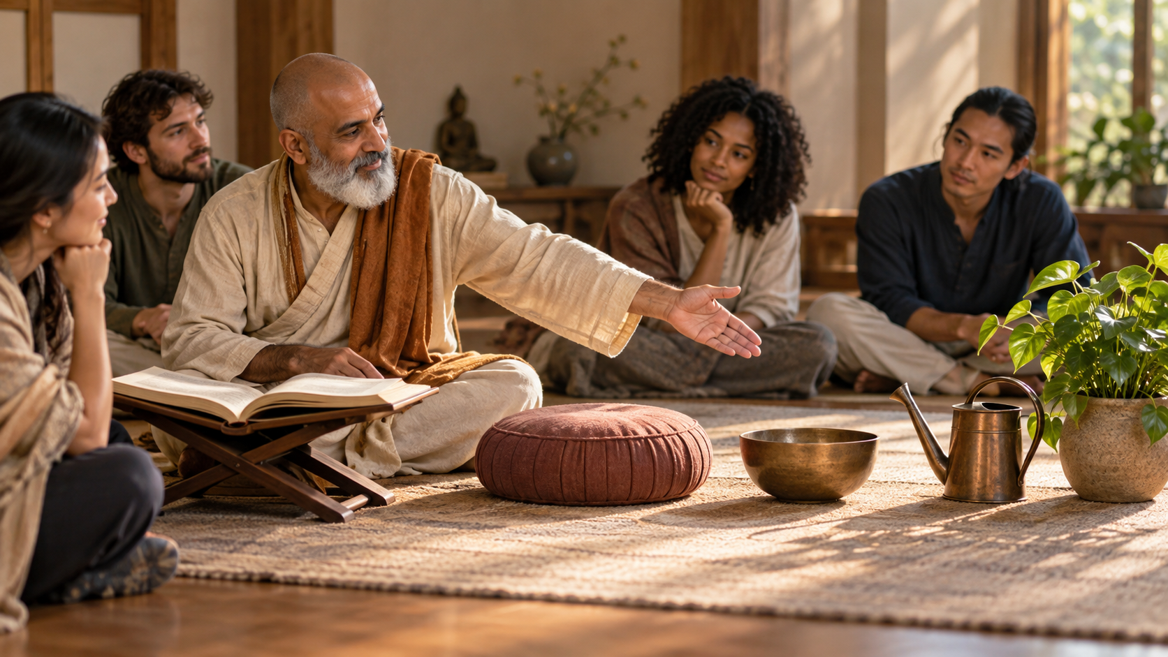 A devotional teacher gestures from an open scripture toward objects symbolizing listening, service, and daily practice.