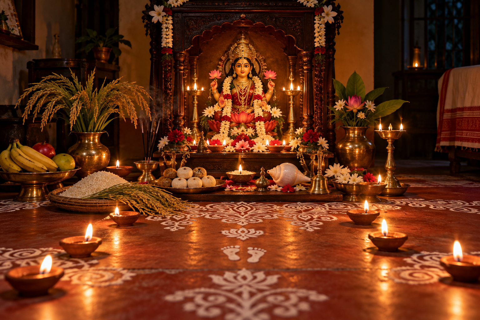 A Bengali household shrine for Goddess Lakshmi lit with earthen lamps and arranged with alpana, flowers, fruit, sweets, rice and brass ritual vessels on a dark new-moon evening.