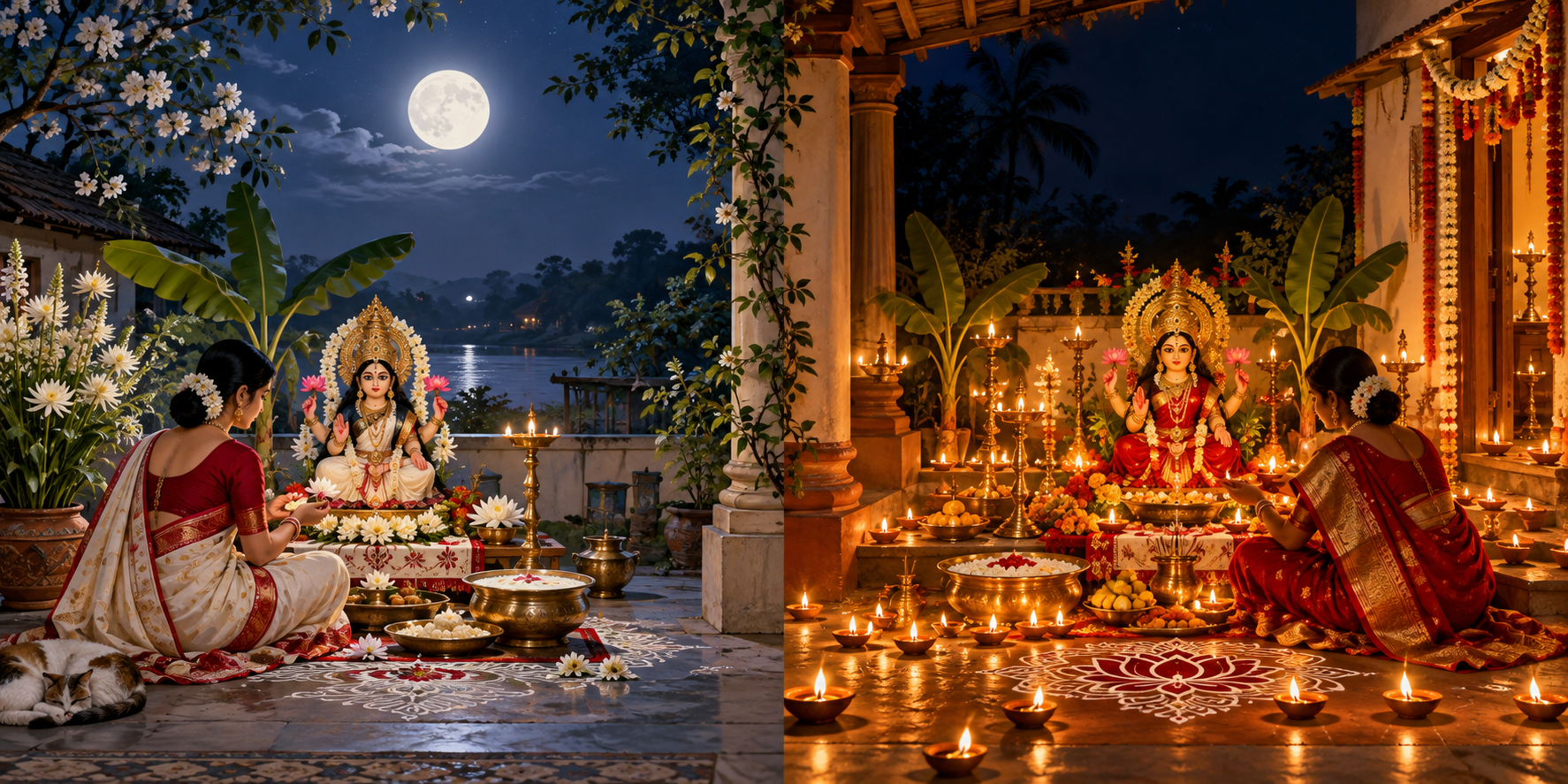 Two Bengali courtyards shown side by side, one beneath a bright full moon and the other illuminated by oil lamps under a moonless sky.