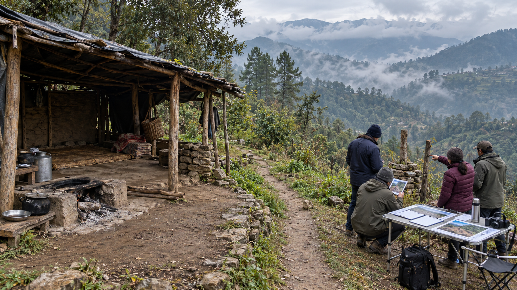 Investigators examine blank case papers and boundary evidence beside an empty pastoral shelter in a misty forest clearing.