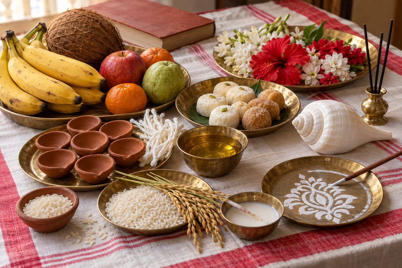 Oil lamps, brass utensils, flowers, fruit, sweets, rice, paddy and alpana materials arranged for a Bengali household Lakshmi Puja.