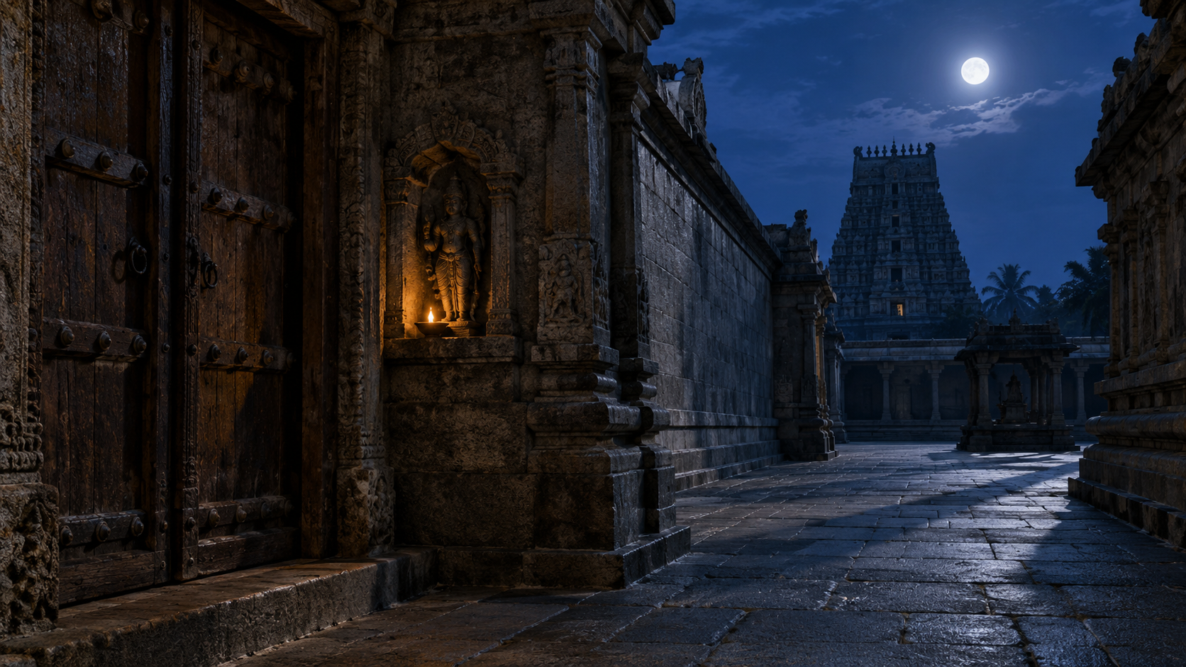 Moonlight and a single oil lamp illuminate a small guardian niche beside the closed doors and stone passage of a Tamil temple at night.