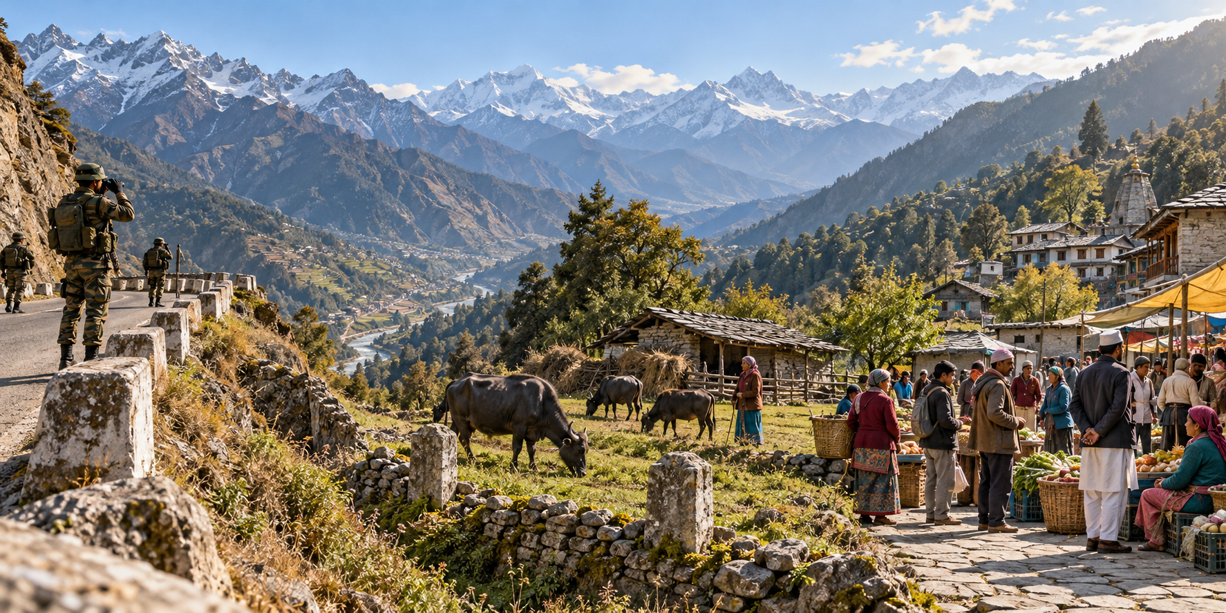 A continuous Uttarakhand valley scene shows a mountain road, forest grazing land with buffalo, and residents gathered in a village market.