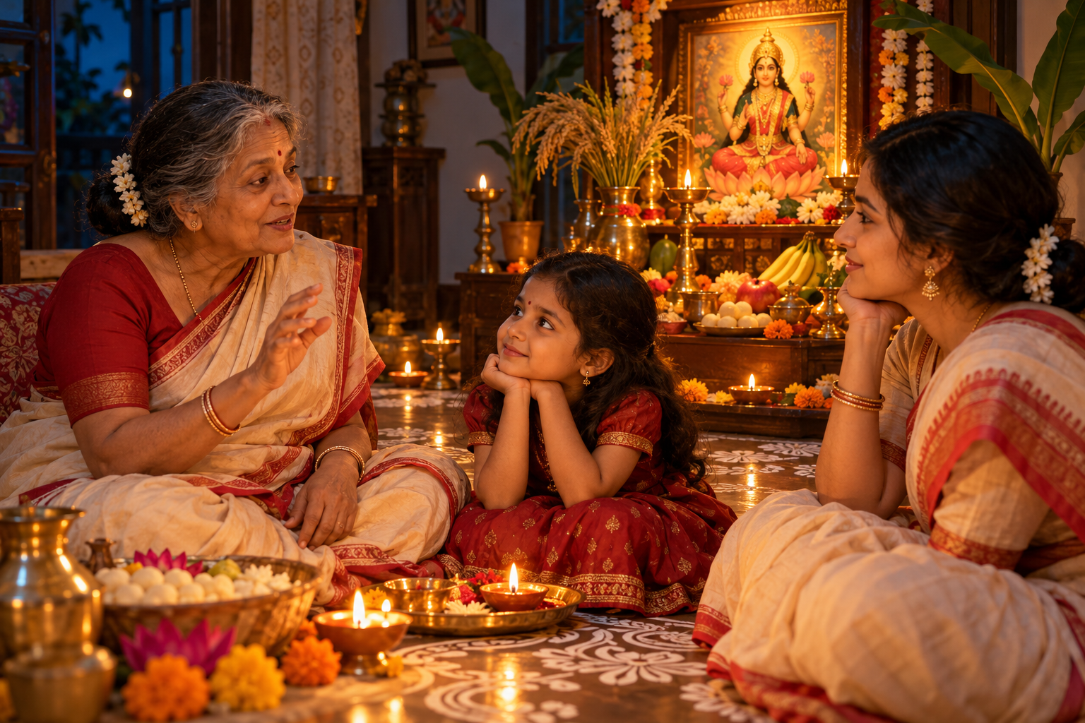 An older family member shares a story with two younger relatives beside a lamp-lit Bengali Lakshmi Puja shrine.