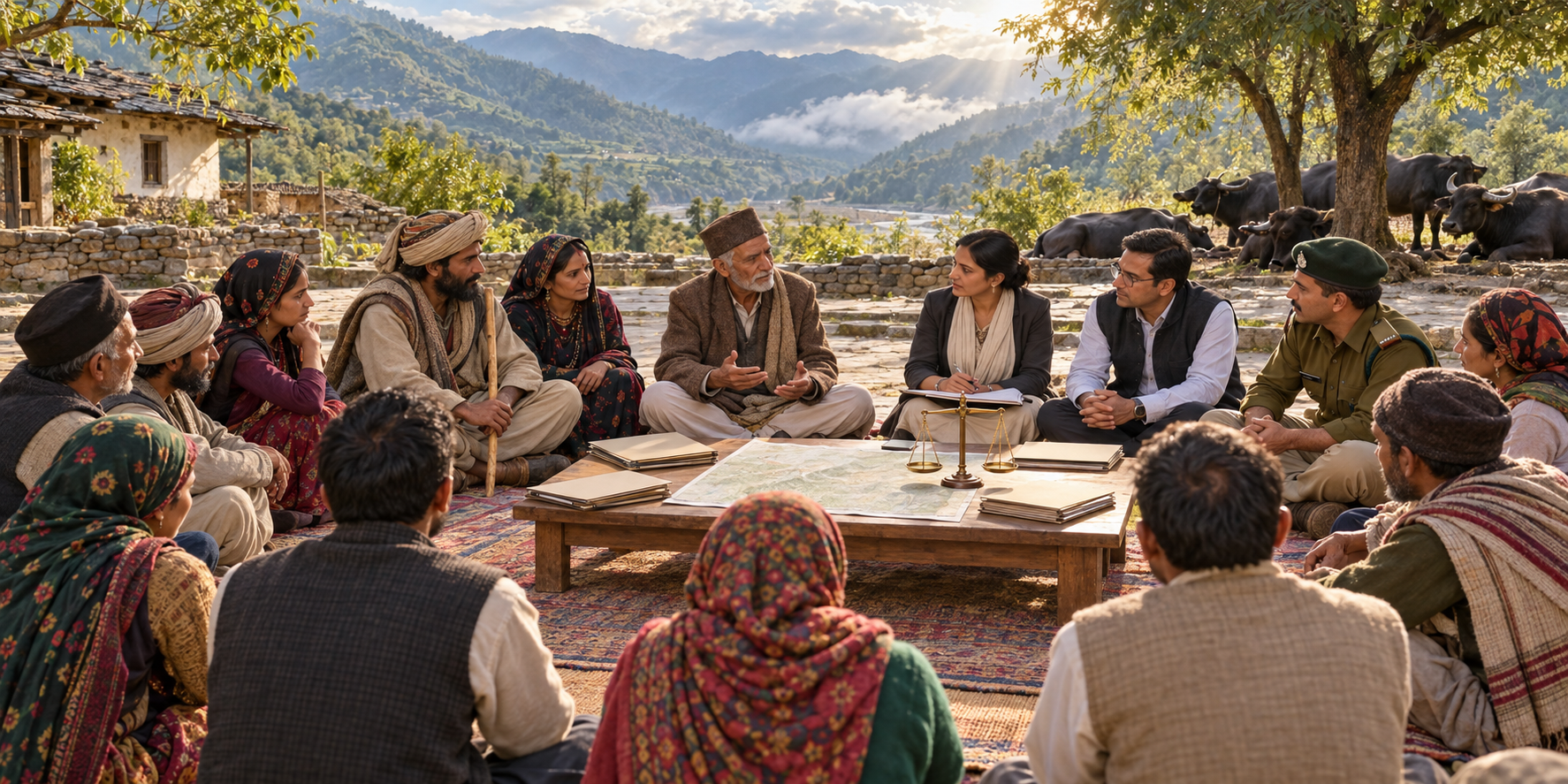 Pastoral residents, villagers, officials, and an elder mediator sit in a circle around a table with a map, folders, and a balance scale.
