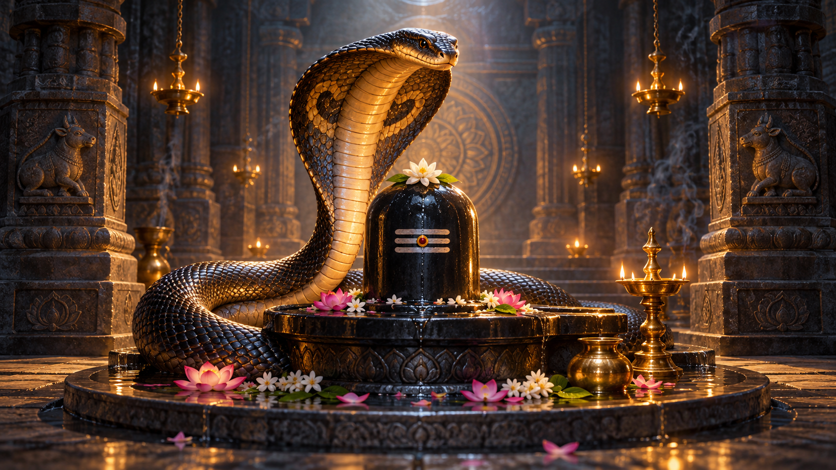 A cobra forms a protective hood beside a Shiva linga in a lamp-lit stone temple sanctum with lotus flowers and ritual water.