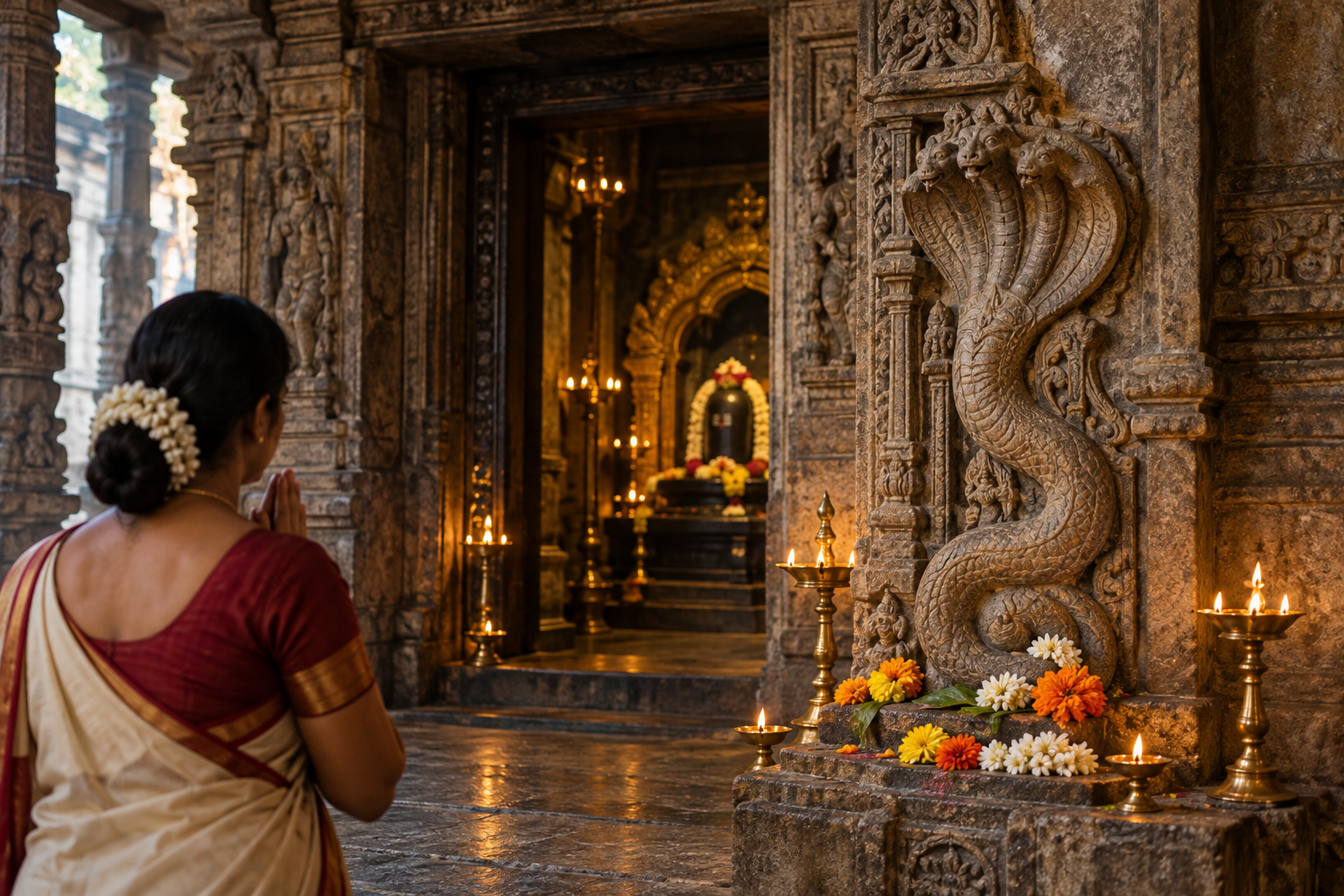 A devotee stands before a flower-adorned naga carving beside a Hindu temple sanctum illuminated by brass lamps.