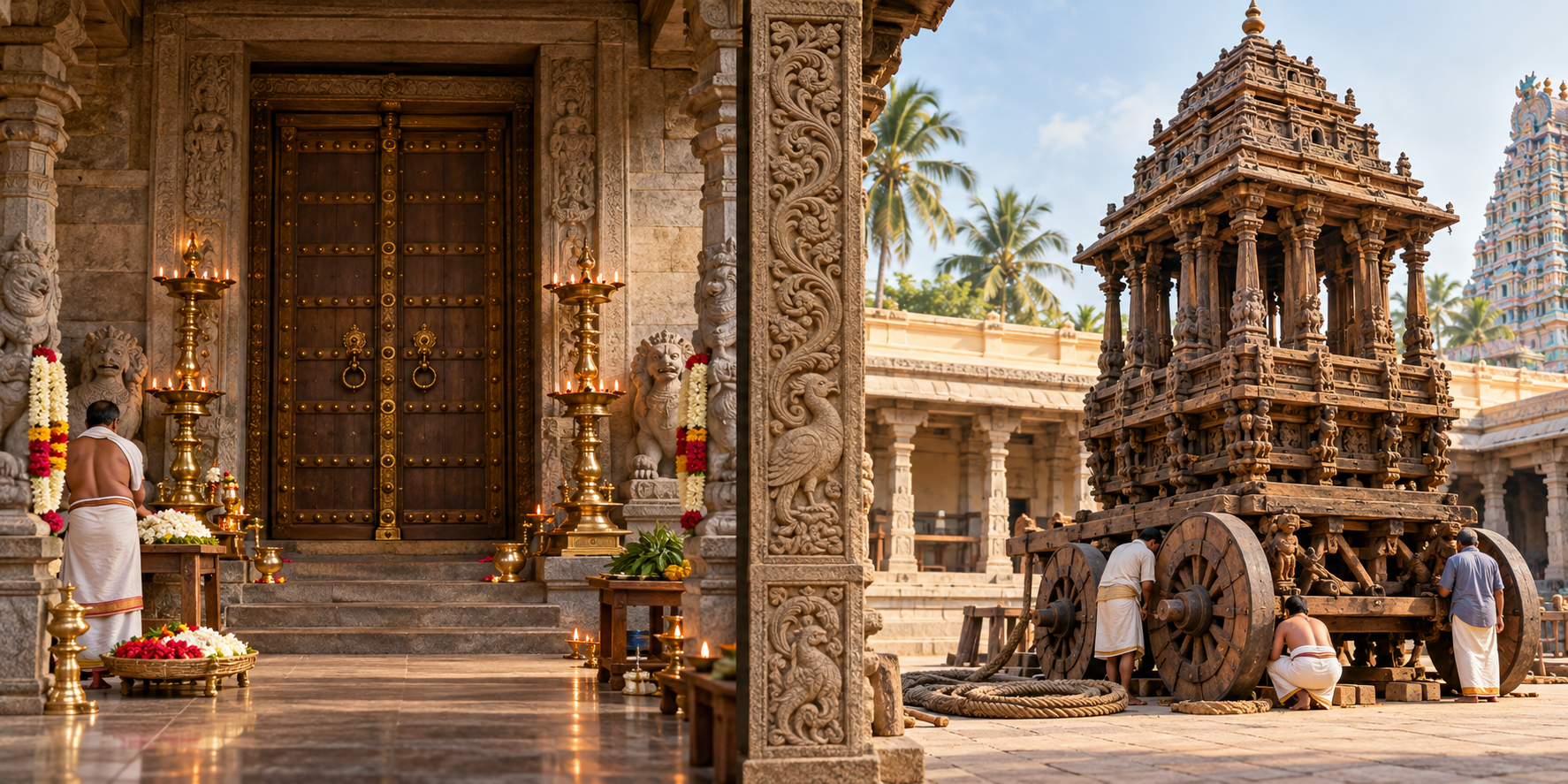 Split editorial illustration showing a closed temple sanctum on one side and artisans inspecting a wooden temple car on the other.