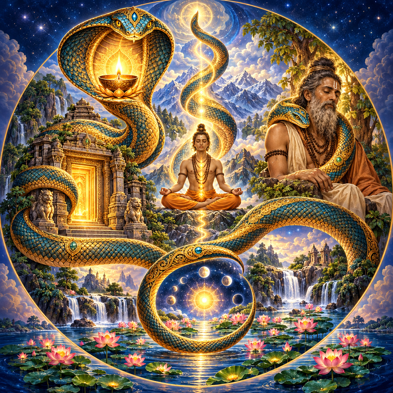 One serpent connects five symbolic scenes featuring a lamp, temple entrance, meditating yogi, calm ascetic, and cosmic lotus waters.