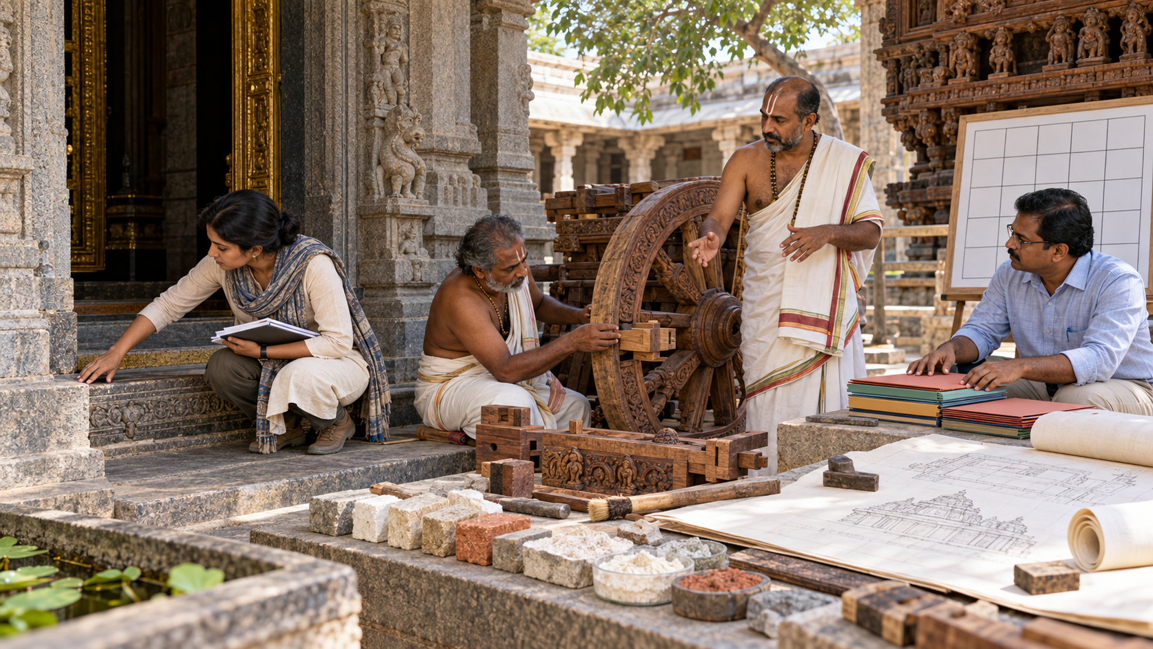 Temple specialists and administrators inspect stonework and wooden chariot parts while organizing an unmarked restoration plan in a courtyard.