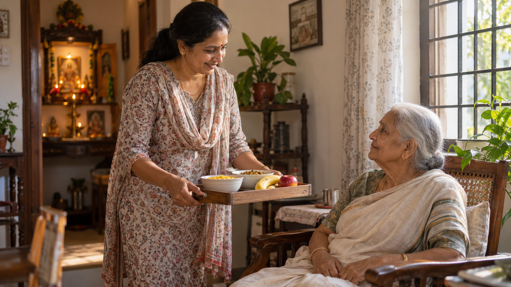 A person carries a tray of food from a softly lit home shrine toward an older family member seated by a window.
