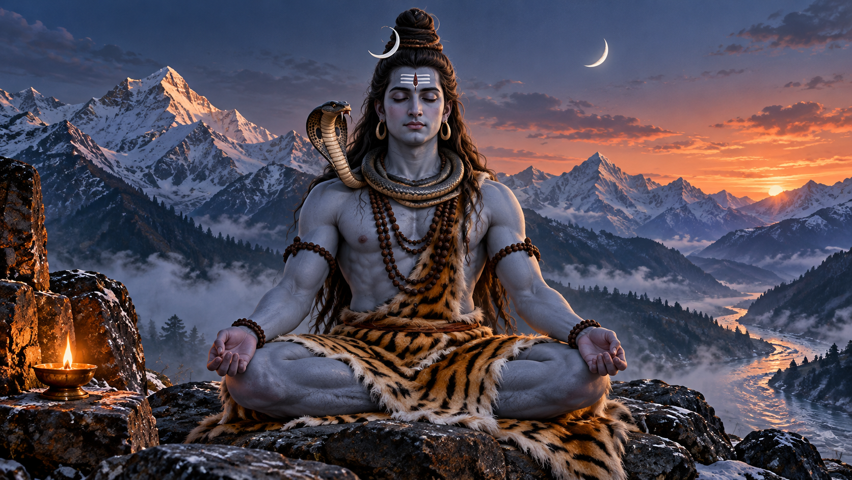 Shiva meditates in a Himalayan setting with a cobra resting calmly around his neck beneath the crescent moon.