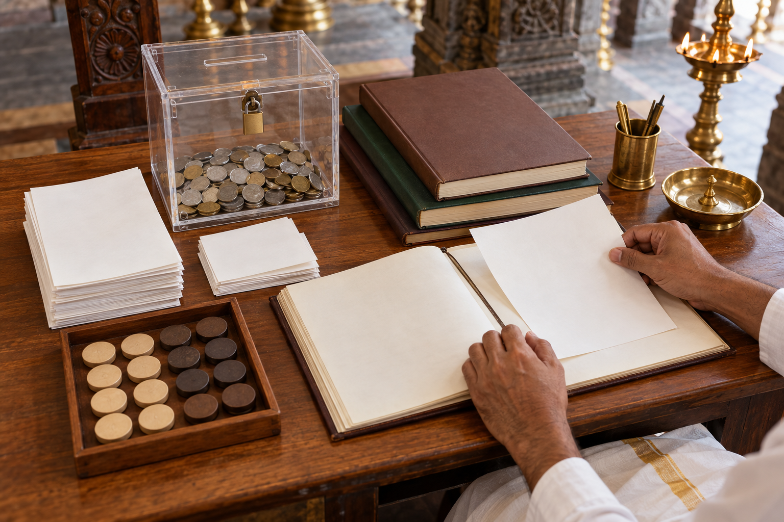 An orderly desk with blank account books, receipts and a sealed donation box inside a temple administrative space.