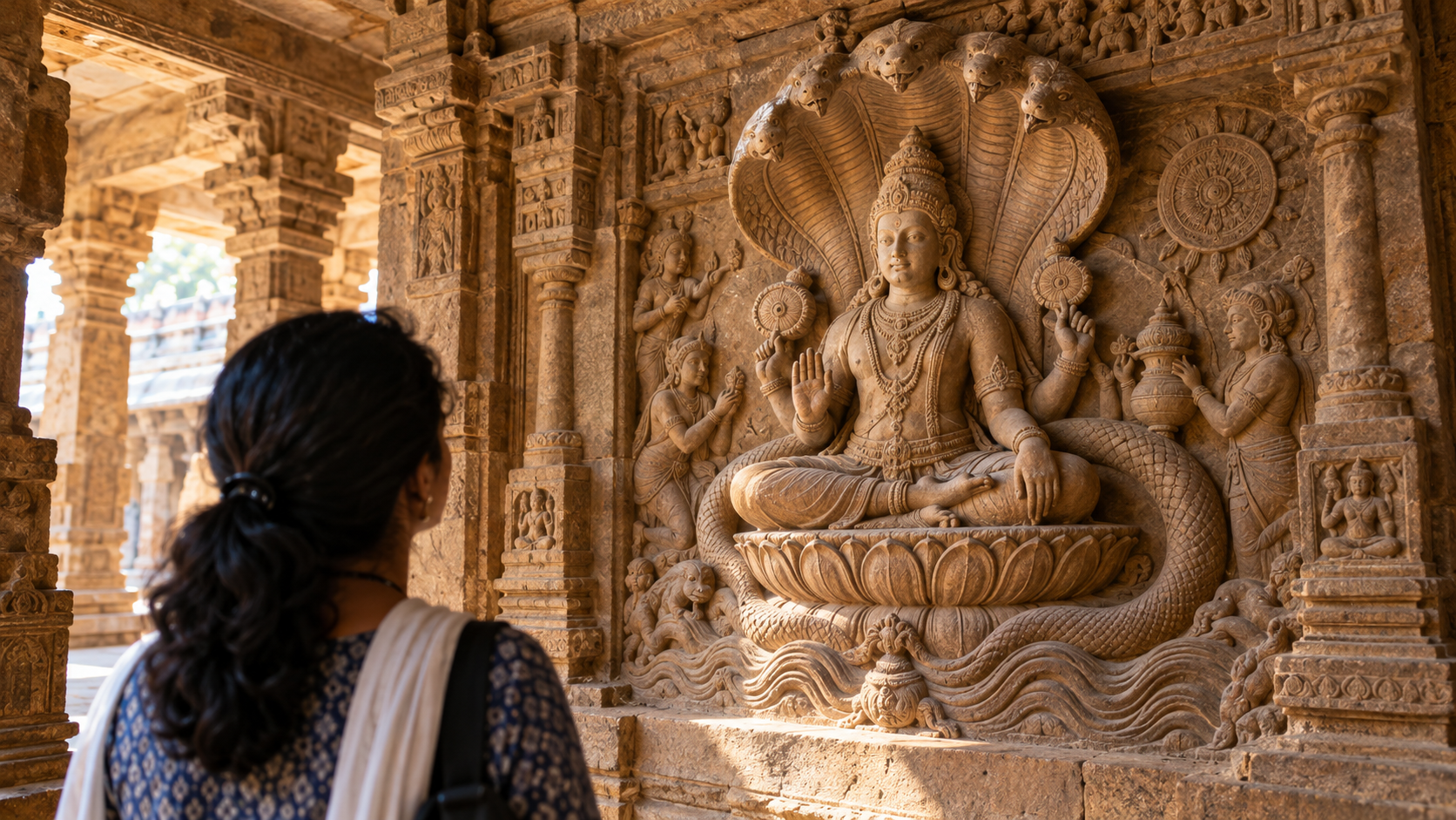 A visitor examines a temple relief in which a naga forms a canopy above a calm divine figure surrounded by lotus and water motifs.