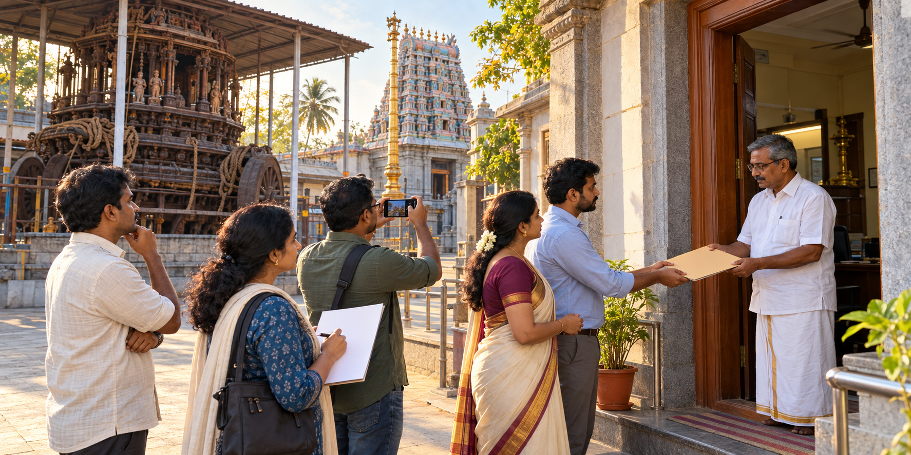 Devotees document conditions outside a temple and prepare to give an unmarked folder to an administrator.