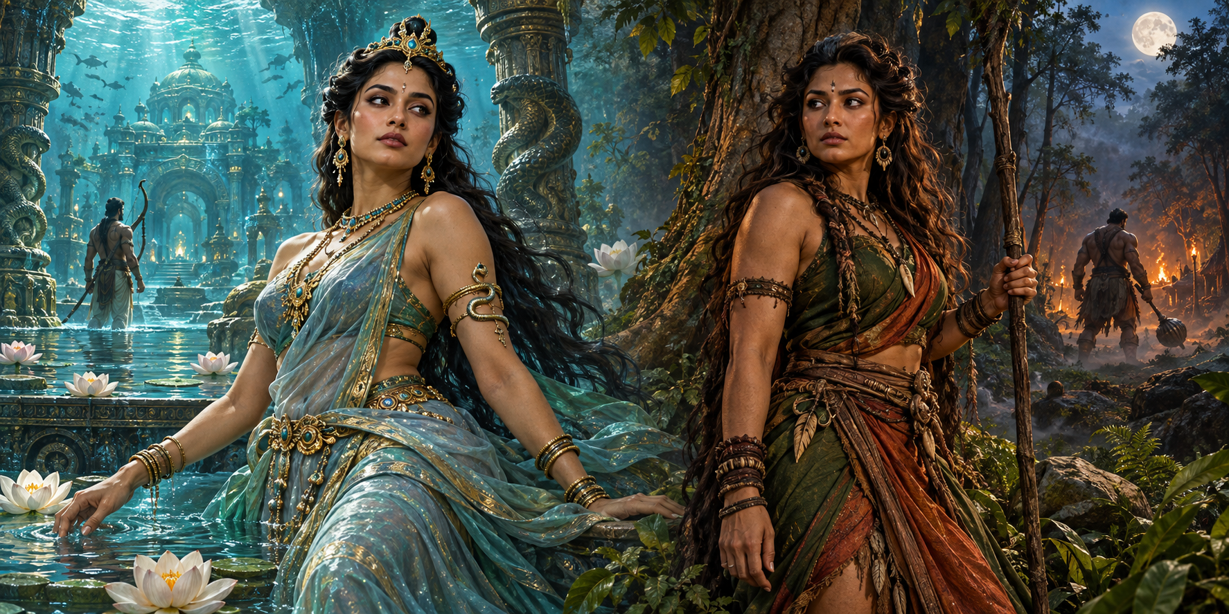A split epic illustration shows Ulupi standing in a blue-green underwater Naga realm and Hidimbi standing in a moonlit forest, with Arjuna and Bhima appearing as distant secondary figures.