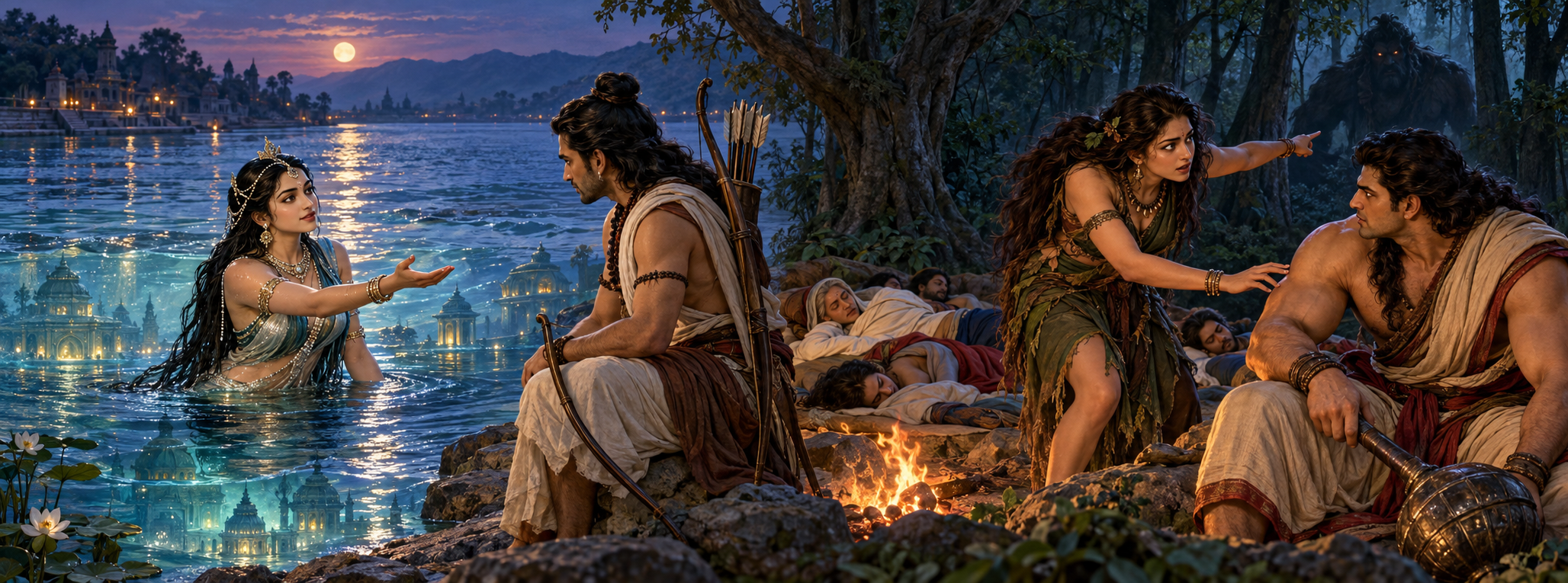 Ulupi approaches Arjuna beside the Ganga in one scene, while Hidimbi warns Bhima of danger near the sleeping Pandavas and Kunti in a forest scene.