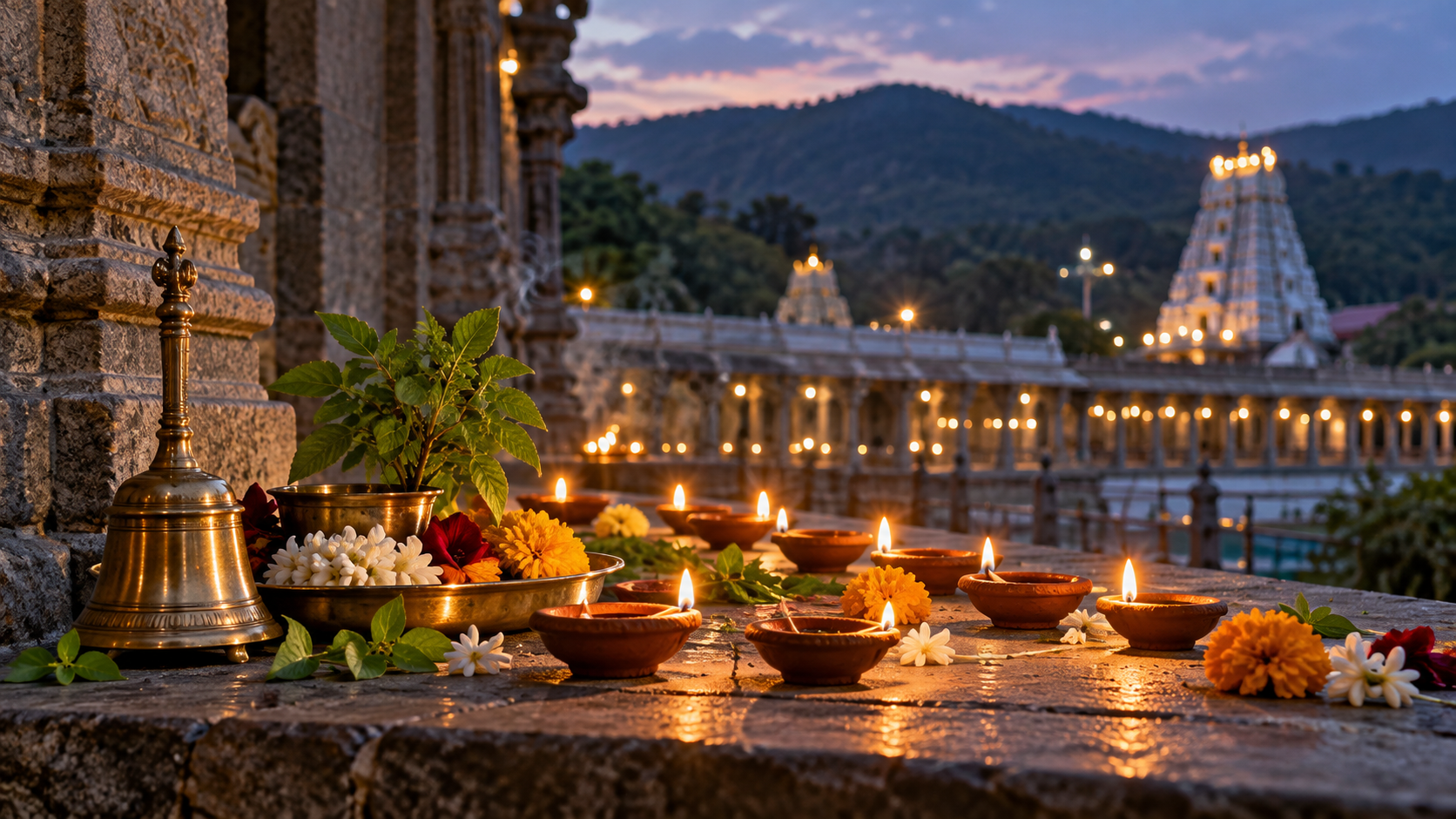 Clay oil lamps, tulasi leaves, flowers, a brass bell, and an offering tray rest on a stone veranda at twilight in Tirumala.