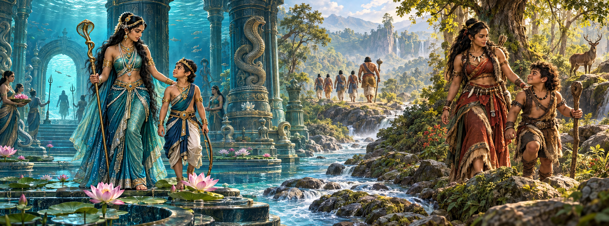 Ulupi stands with young Iravan in a submerged Naga hall, while Hidimbi guides young Ghatotkacha through a forest as the Pandavas travel in the distance.
