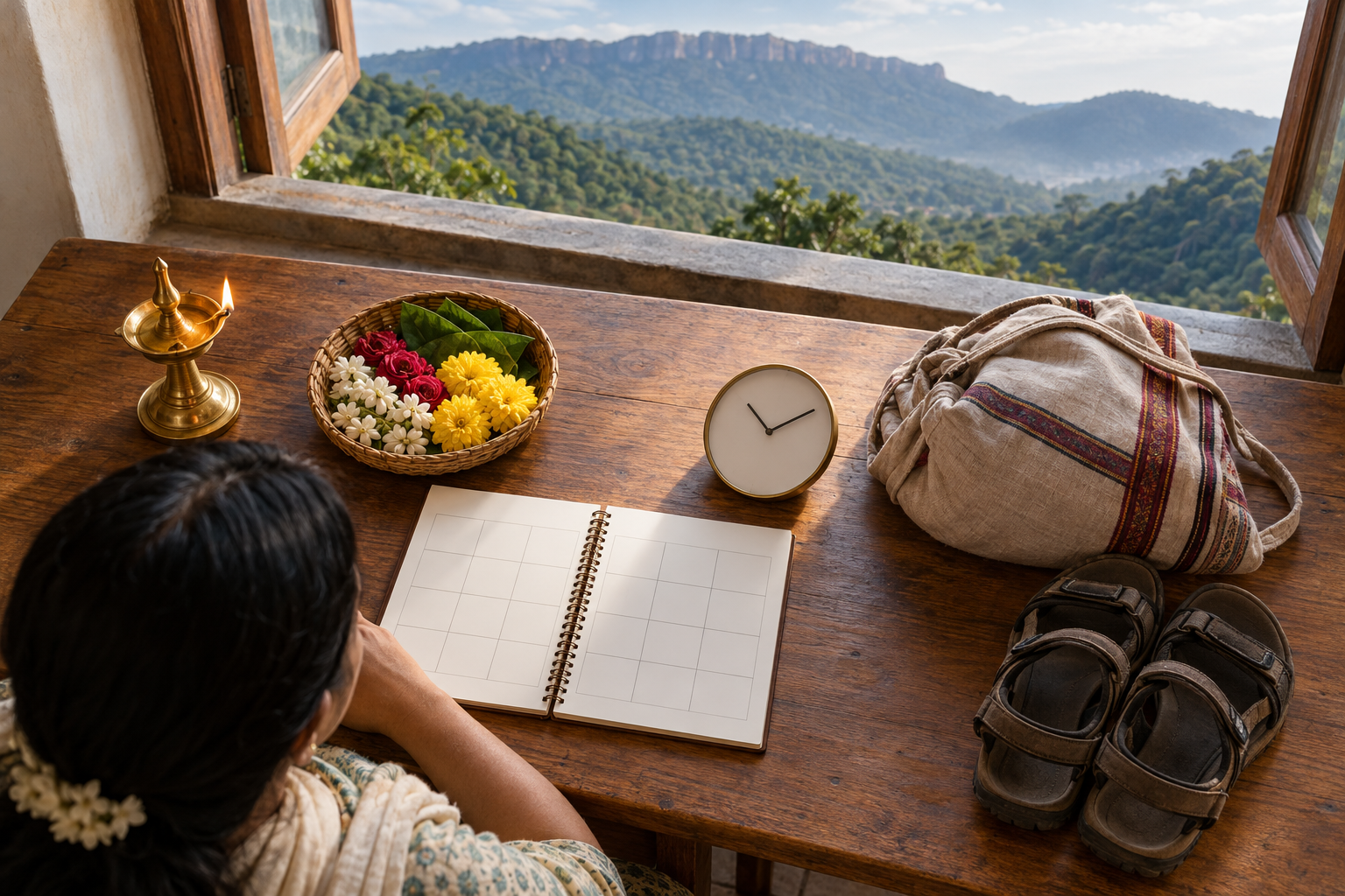 A pilgrim plans a Tirumala journey at a wooden table with a lamp, flower basket, travel bag, blank planner, and unnumbered clock.