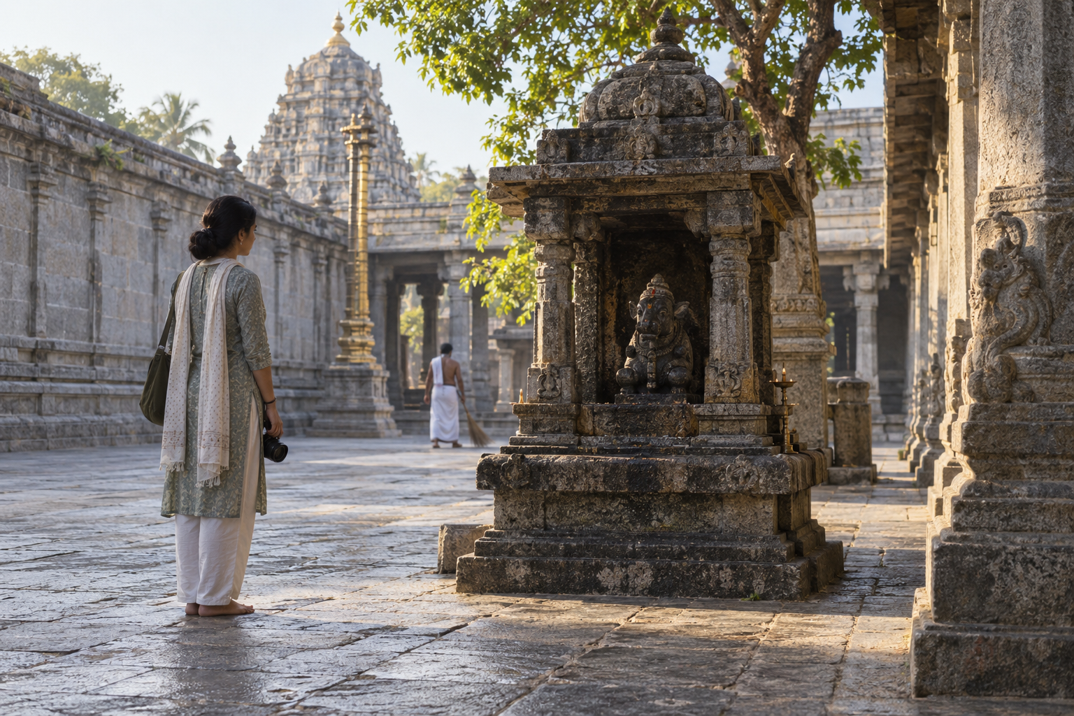 A modestly dressed visitor observes a small guardian shrine from a respectful distance in a Tamil temple courtyard while keeping a lowered camera at their side.