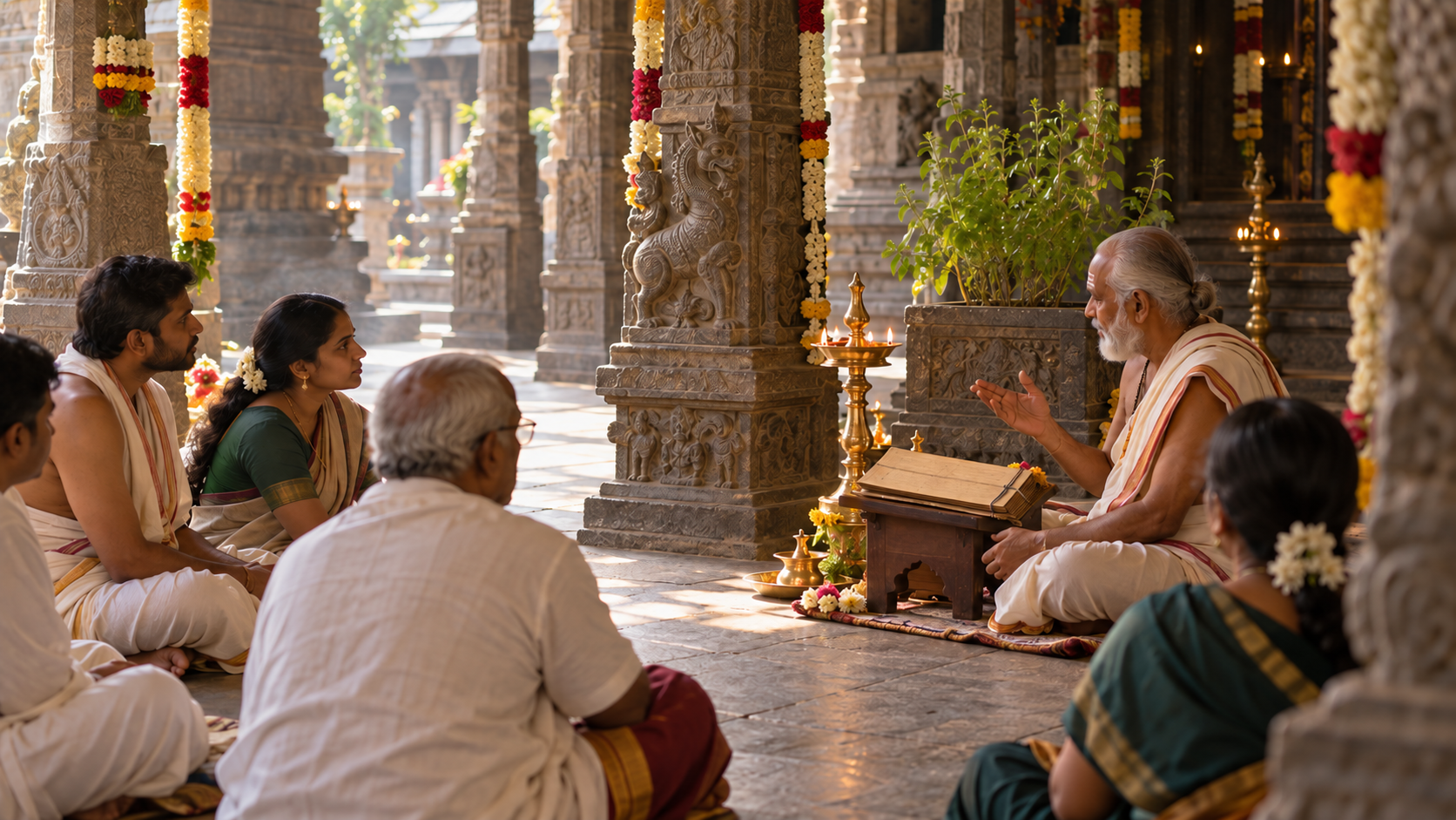 Devotees sit in a stone-pillared mandapa beside flowers and an oil lamp while a temple scholar leads a quiet remembrance.