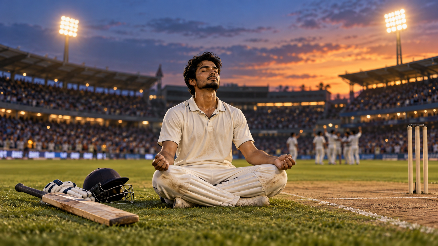 A fictional South Asian cricketer sits cross-legged in meditation on the pitch with his bat, gloves, and helmet beside him under stadium lights.