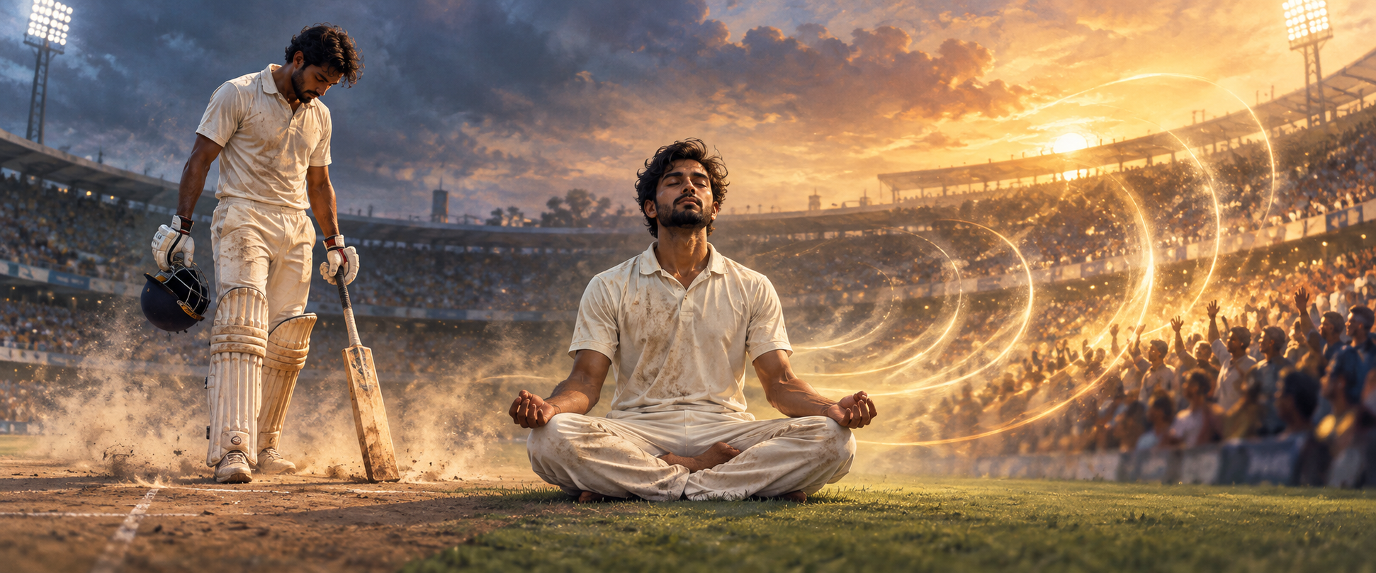 A three-part illustration moves from a cricketer's athletic achievement to quiet meditation and then to ripples reaching a stadium audience.