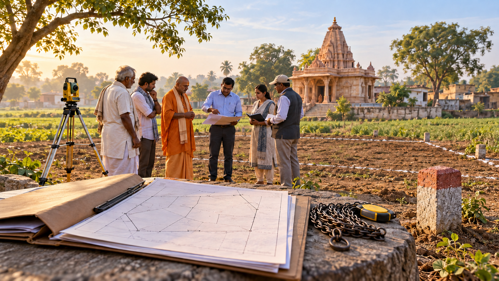 A temple, land records, surveying equipment, and community representatives gathered peacefully near a rural property boundary.
