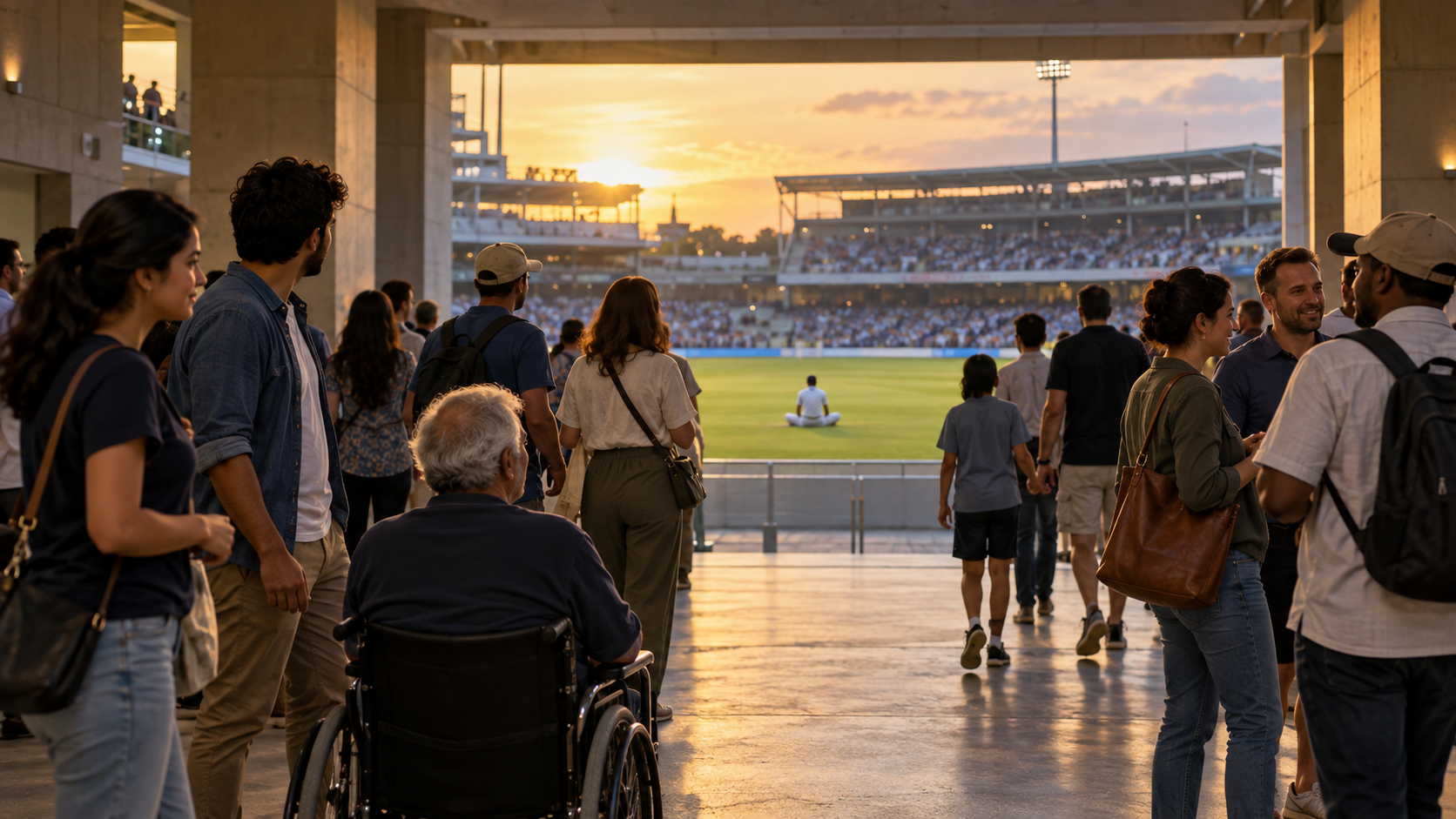 Diverse fictional cricket spectators respond in different ways while a distant player sits quietly on the field.