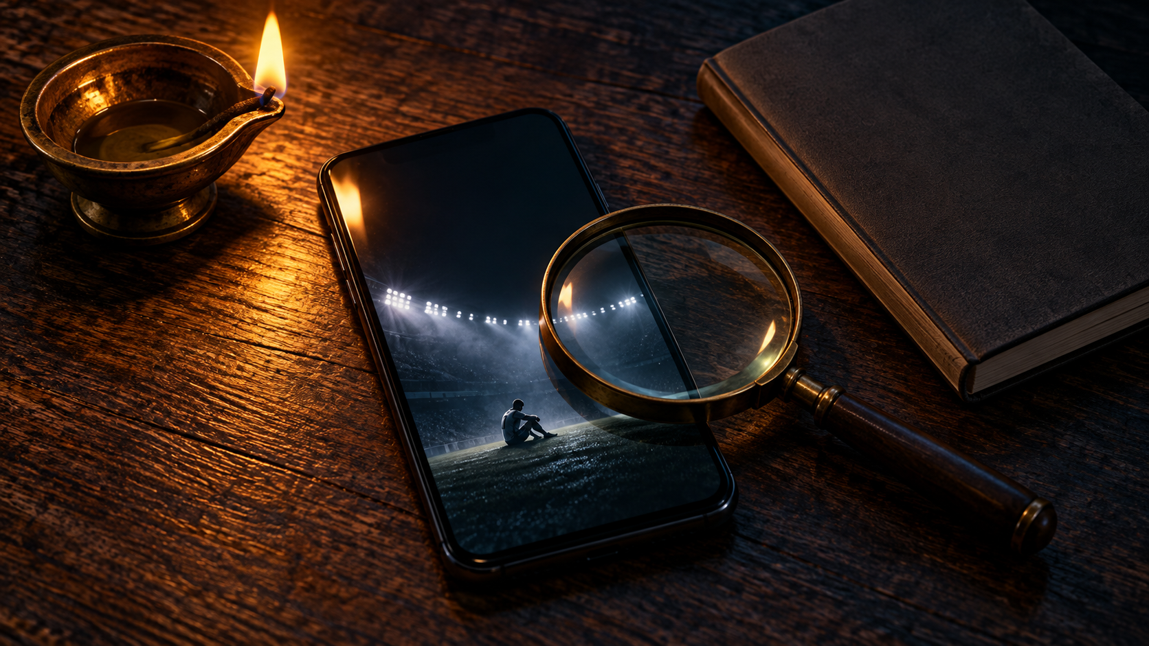 A magnifying glass, blank notebook, and lit oil lamp sit beside a phone showing a small meditating athlete in a stadium.