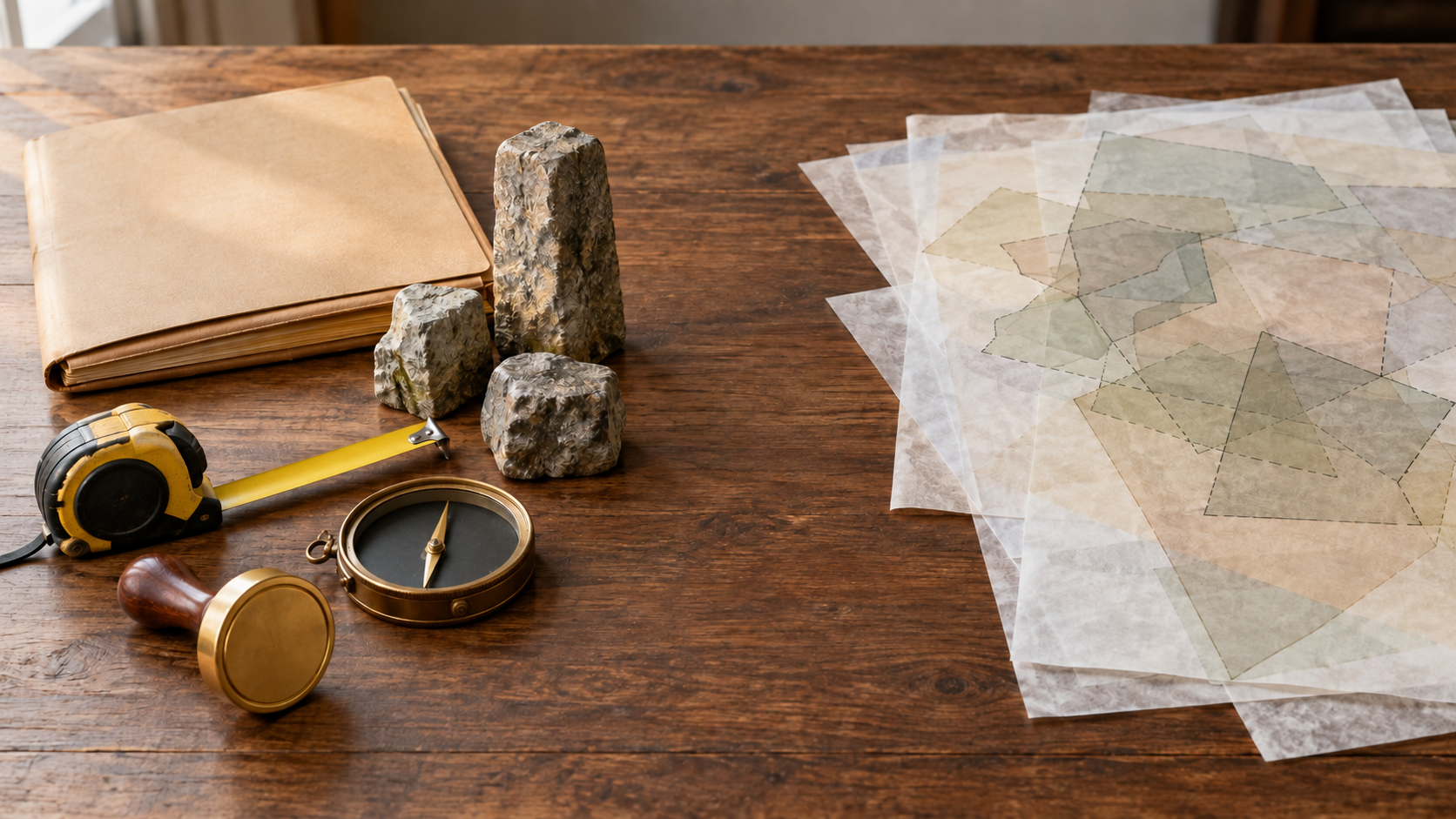 Verified land-record and surveying objects are separated from loose papers and uncertain boundary outlines on an evidence table.