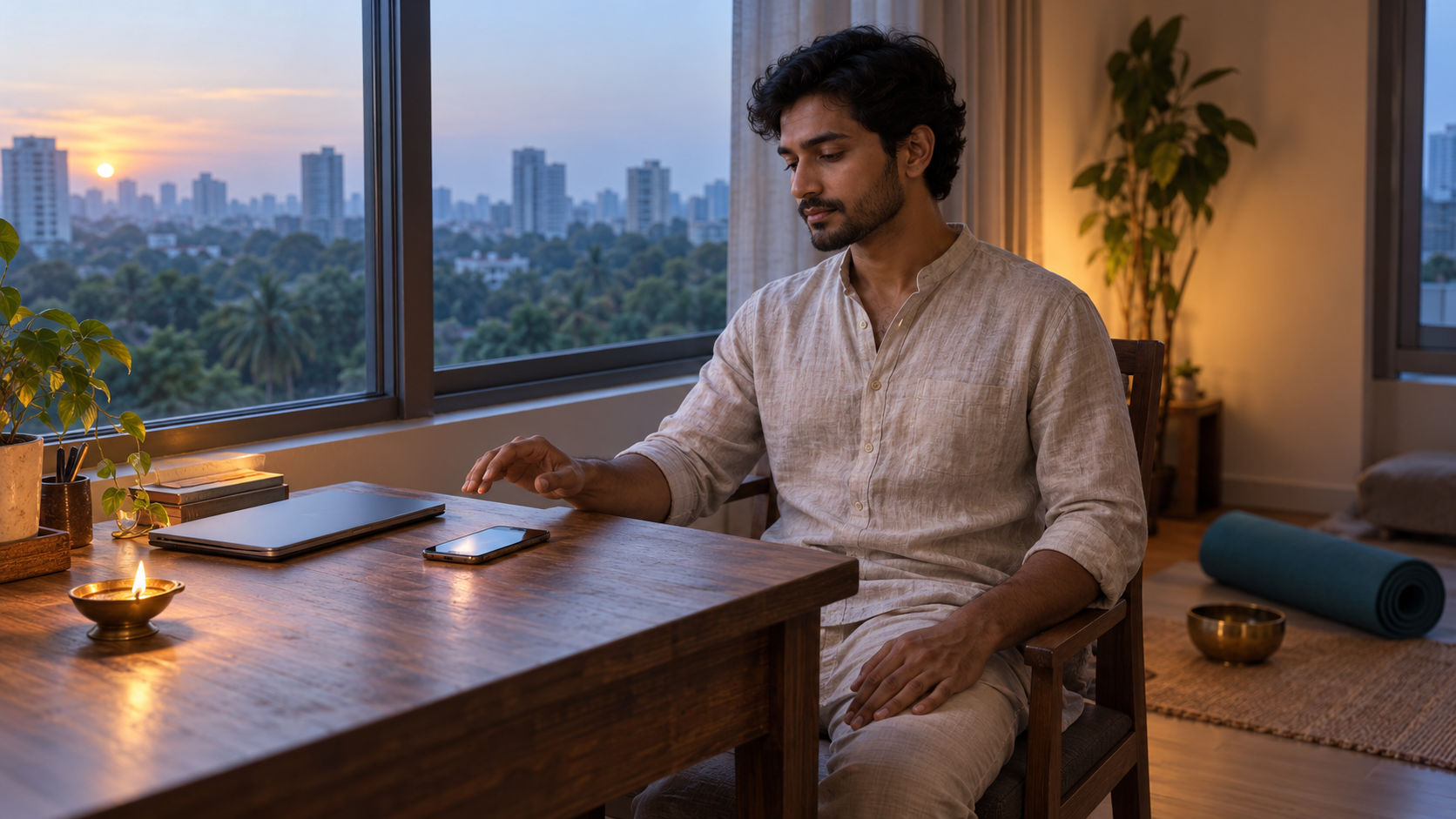 An Indian adult pauses at a desk between a smartphone, a closed laptop, and a small oil lamp in a dawn-lit apartment.