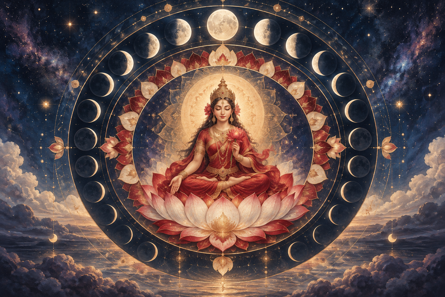 A luminous seated Goddess surrounded by moon phases, stars, and concentric lotus petals symbolizing cyclical sacred time.