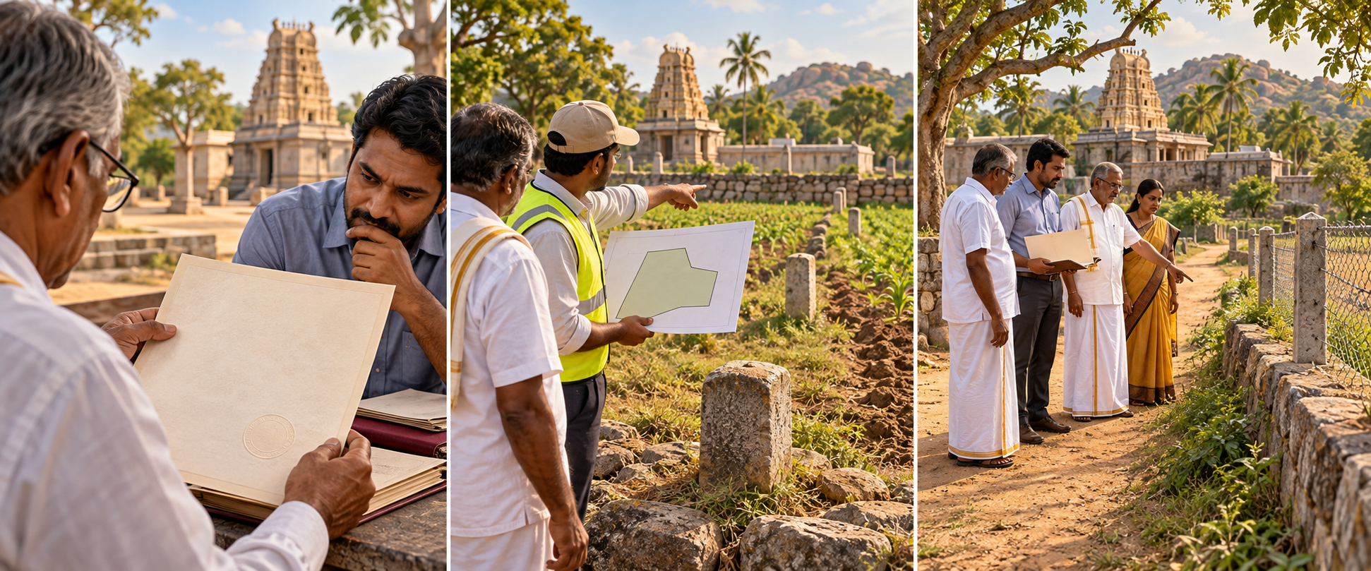 Three connected scenes show a deed review, a boundary survey, and an examination of how land is being used.
