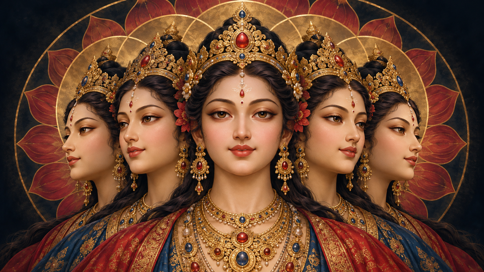 Close illustration of one forward-facing divine countenance and four companion faces oriented around it within overlapping halos.