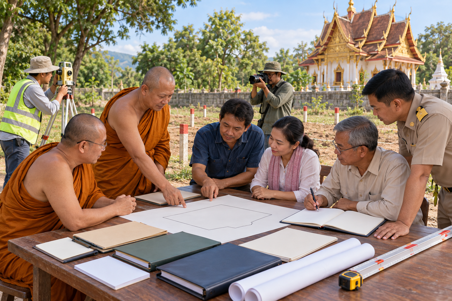 Temple representatives, residents, officials, and a surveyor review records and boundary measurements together at the disputed site.