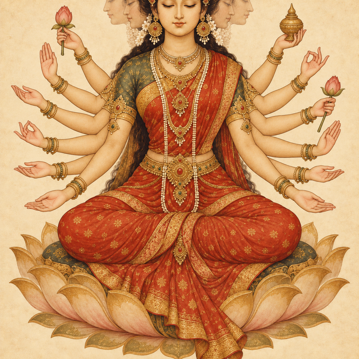 A clear symmetrical study of twelve arms radiating around a seated Goddess, with open hand gestures and a few simple symbolic forms.