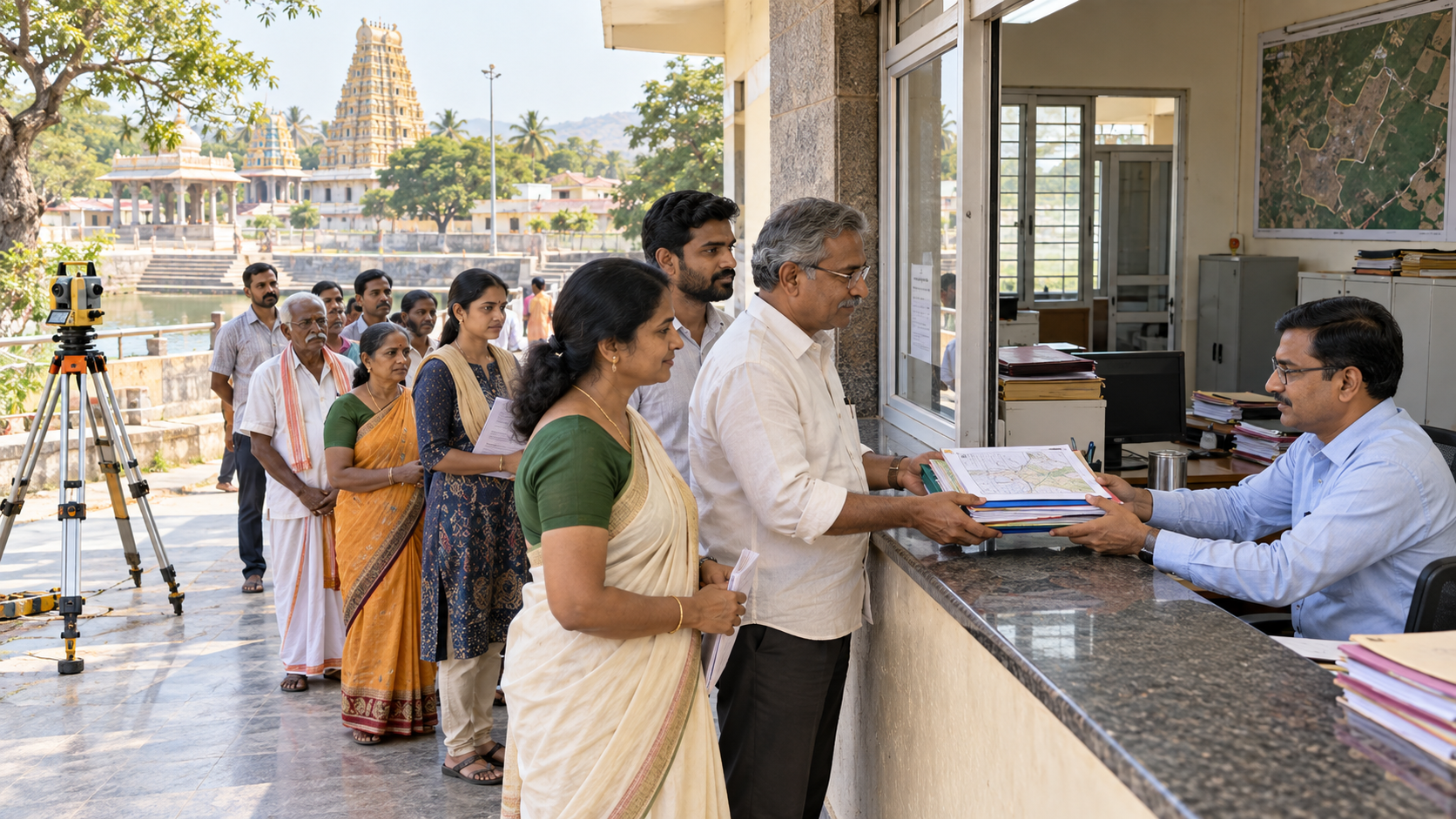 Residents gather peacefully as community delegates submit a land-evidence folder to an official near temple grounds.