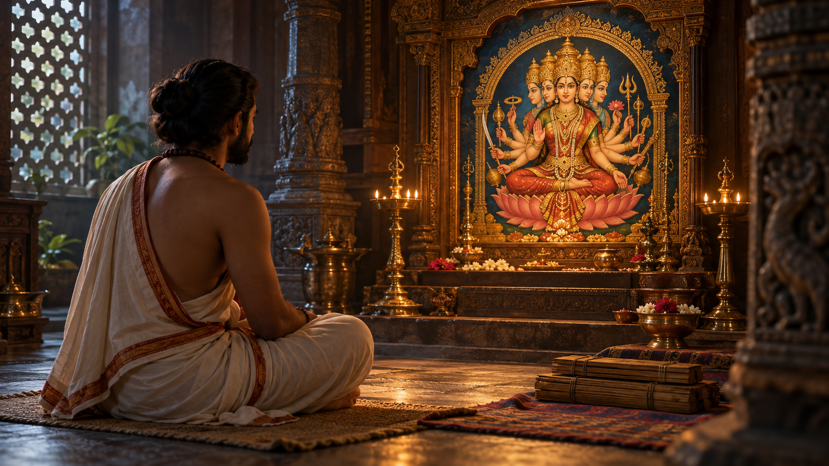 A seated observer quietly studies an illuminated five-faced, many-armed Goddess image in a lamp-lit temple setting.